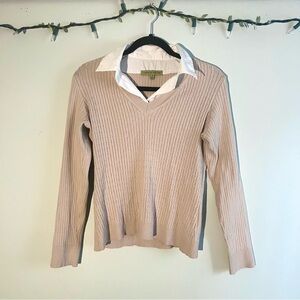 Carolyn Taylor Cable-Knit Collared Sweater, Long Sleeve V-Neck for Women Size M